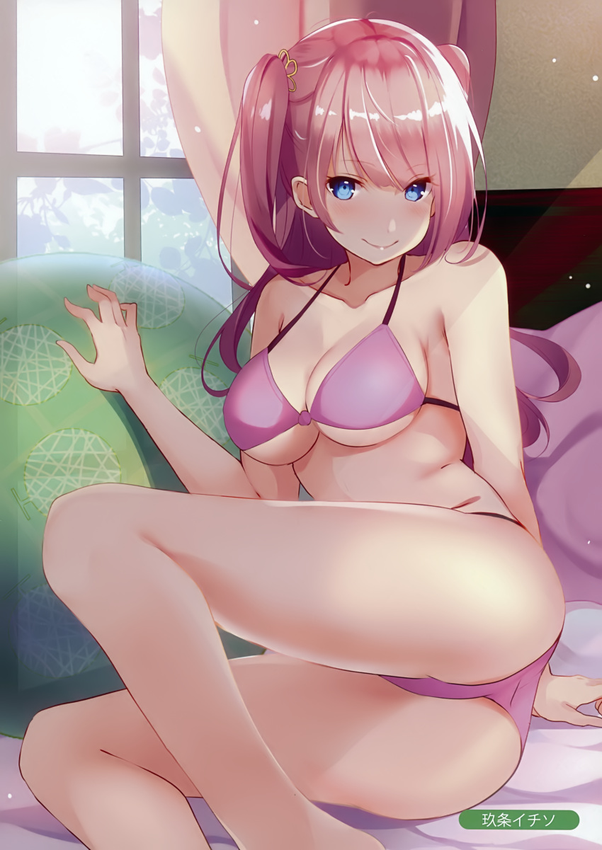 1girl absurdres artist_name ass bangs bare_arms bare_legs bare_shoulders bikini blue_eyes blush breasts brown_eyes brown_hair cleavage closed_mouth collarbone curtains eyebrows_visible_through_hair food fruit hair_ornament highres indoors kujou_ichiso lips long_hair looking_at_viewer lying medium_breasts melonbooks on_side pink_bikini pink_hair shiny shiny_hair smile solo swimsuit thighs twintails watermelon window
