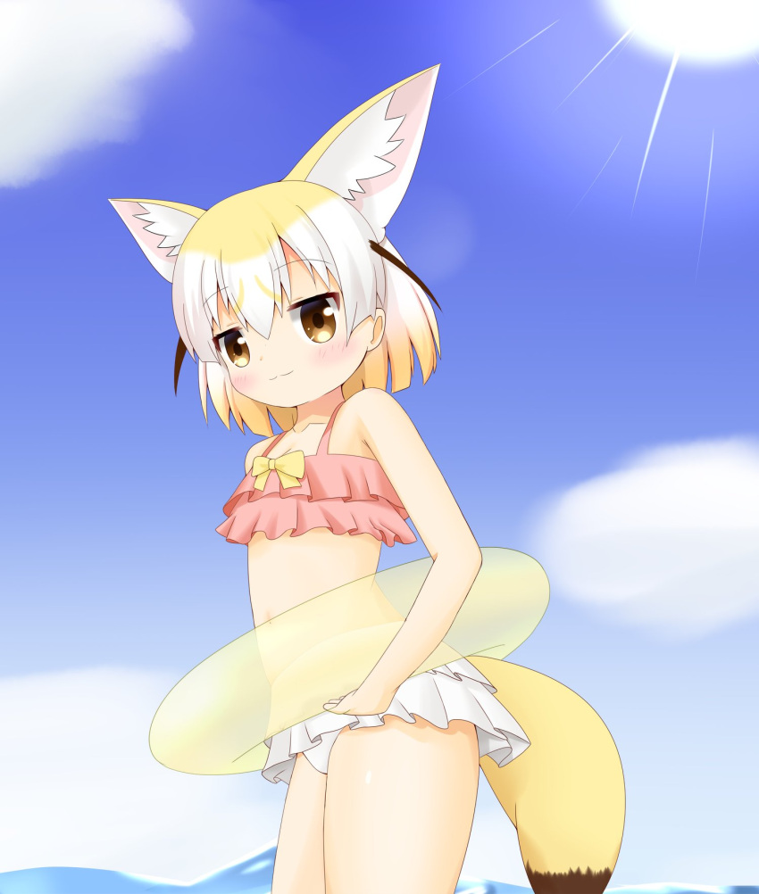 1girl adapted_costume animal_ears bare_arms bare_shoulders blonde_hair blue_sky blush bow brown_eyes clouds cowboy_shot day extra_ears eyebrows_visible_through_hair fennec_(kemono_friends) fox_ears fox_girl fox_tail highres holding holding_innertube innertube kemono_friends looking_at_viewer multicolored_hair navel ocean outdoors pink_bikini_top shin01571 sky smile solo standing sun sunlight swimsuit tail transparent two-tone_hair white_bikini_bottom white_hair white_swimsuit yellow_bow yellow_innertube
