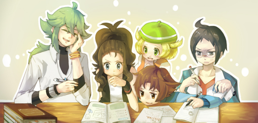 2girls 3boys bel_(pokemon) black_hair black_vest blonde_hair breasts brown_hair cheren_(pokemon) closed_mouth glasses green_eyes green_hair green_hat hat highres long_hair multiple_boys multiple_girls n_(pokemon) nara_umi pokemon pokemon_(game) pokemon_bw ponytail short_hair touko_(pokemon) touya_(pokemon) vest