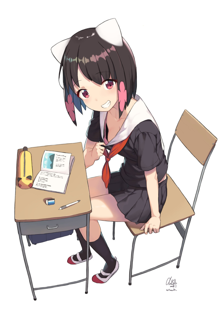 1girl absurdres animal_ears artist_name bag bangs black_legwear black_serafuku blush book bra breasts brown_hair cat_ears cleavage cloba collarbone desk eraser flower full_body grin hair_flower hair_ornament highres open_book original pen pencil_case pink_bra pink_flower red_neckwear school_bag school_desk school_uniform serafuku short_hair short_sleeves simple_background sitting smile socks underwear white_background