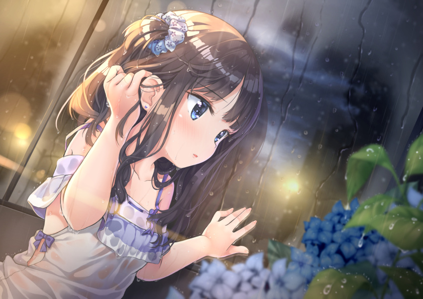 1girl blue_eyes blush brown_hair collarbone dress eyebrows_visible_through_hair highres ifnil indoors looking_away original parted_lips scrunchie solo wet wet_clothes wet_dress white_dress