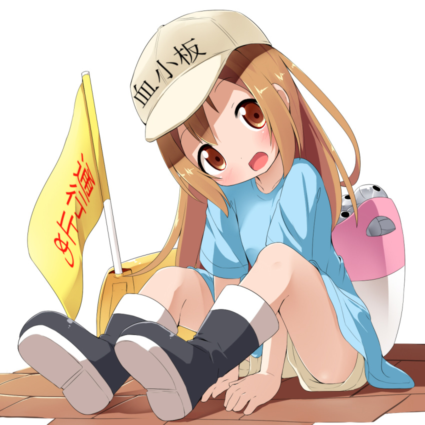 1girl :d between_legs blue_shirt boots brown_eyes brown_hair commentary_request flag flat_cap full_body hand_between_legs hat hataraku_saibou head_tilt headwear_writing highres long_hair looking_at_viewer makuran open_mouth platelet_(hataraku_saibou) shirt shorts simple_background sitting smile solo white_background