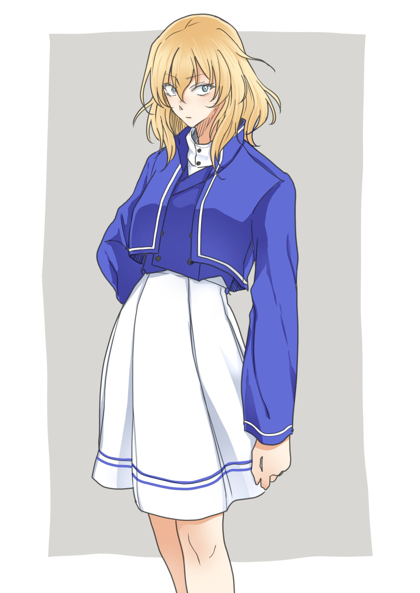 1girl absurdres adapted_uniform bangs bc_freedom_military_uniform blonde_hair blue_eyes blue_jacket blue_vest closed_mouth commentary dress_shirt eyebrows_visible_through_hair girls_und_panzer grey_background hand_on_hip high-waist_skirt high_collar highres jacket kani_aruki_(bucket_crawl) light_frown long_sleeves looking_at_viewer medium_hair medium_skirt messy_hair military military_uniform oshida_(girls_und_panzer) outside_border pleated_skirt shirt skirt solo standing uniform vest white_shirt white_skirt