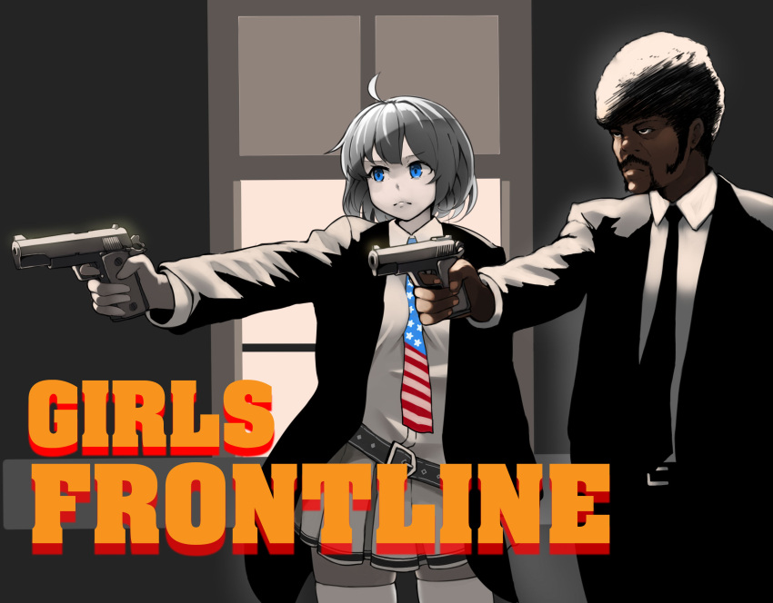 1boy 1girl afro ahoge aiming american_flag american_flag_print belt between_breasts black_hair blue_eyes breasts closed_mouth coat collared_shirt commentary copyright_name crossover dark_skin english_commentary finger_on_trigger fingernails flag_print girls_frontline grey_hair gun handgun highres holding holding_gun holding_weapon jacket kion-kun long_sleeves m1911 m1911_(girls_frontline) necktie open_clothes open_coat parody pistol pleated_skirt pulp_fiction samuel_l_jackson shirt skirt spot_color thigh-highs very_dark_skin weapon window wing_collar