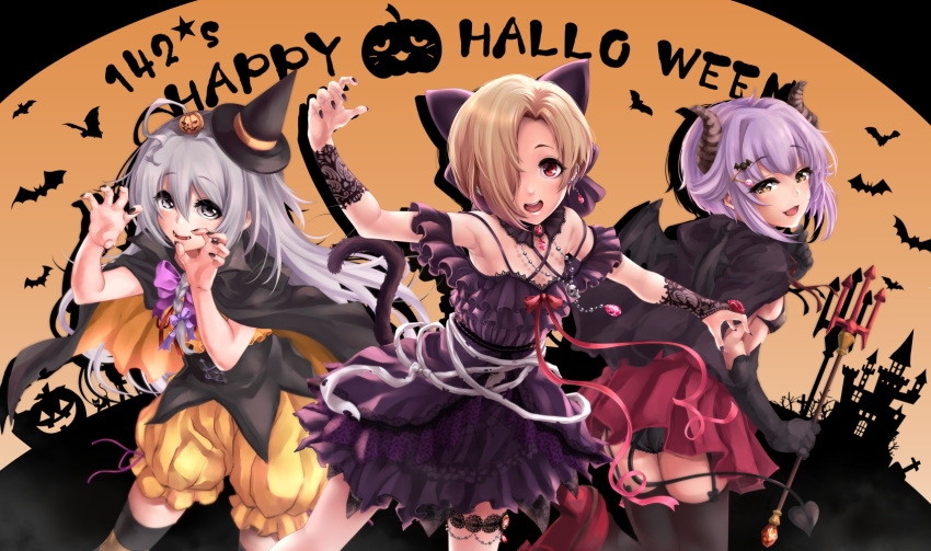 3girls :d ahoge bat bat_hair_ornament black_cape black_gloves black_legwear black_nails blonde_hair bloomers brown_eyes cape castle cat claw_pose commentary_request demon_horns demon_tail fangs gem gloves grey_eyes group_name hair_ornament hair_over_one_eye halloween happy_halloween highres horns hoshi_shouko idolmaster idolmaster_cinderella_girls jack-o'-lantern jack-o'-lantern_hair_ornament kawaii_boku_to_142's koshimizu_sachiko long_hair looking_at_viewer multiple_girls nail_polish open_mouth orange_background pina_korata pleated_skirt polearm purple_hair red_eyes red_skirt shirasaka_koume short_hair silhouette silver_hair skirt skull_necklace smile tail tdnd-96 thigh-highs tombstone trident underwear weapon wrist_flower yellow_bloomers