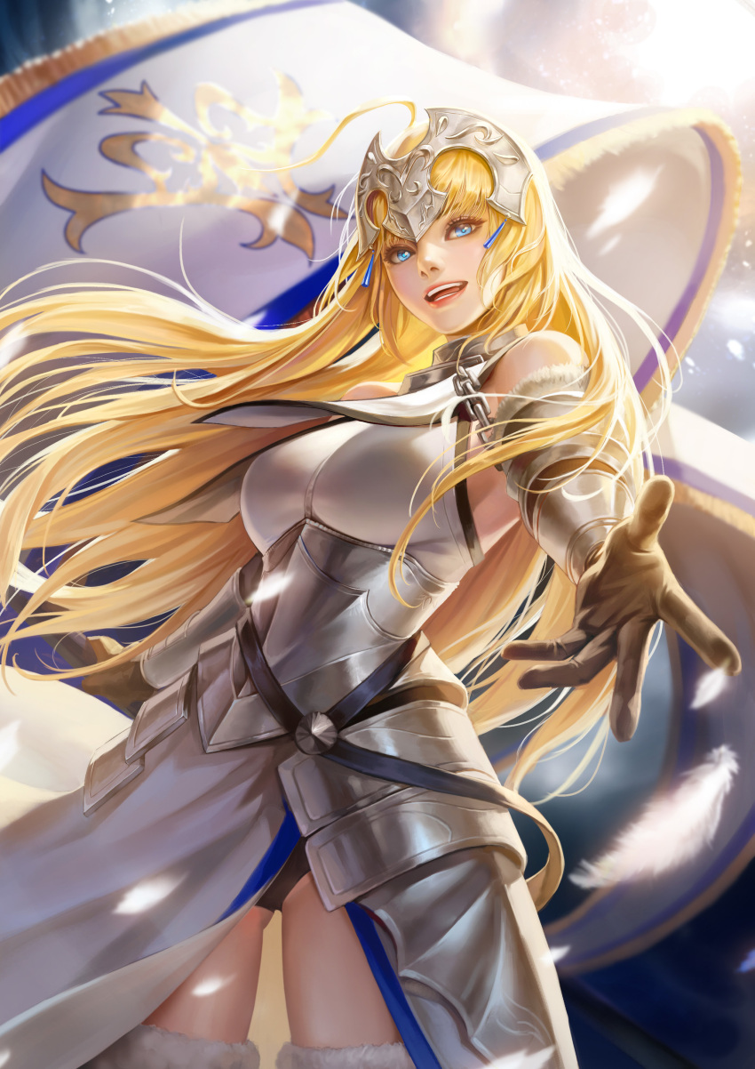 1girl absurdres ahoge armor armored_dress bare_shoulders blonde_hair blue_eyes chains commentary english_commentary fate/apocrypha fate_(series) faulds flag fur_trim gauntlets gloves headpiece highres jeanne_d'arc_(fate) jeanne_d'arc_(fate)_(all) long_hair looking_at_viewer open_mouth outstretched_arm parted_lips plackart standard_bearer taekwon_kim thigh-highs very_long_hair