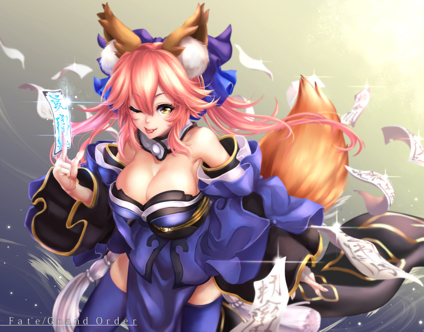 1girl ;p animal_ears blue_ribbon breasts cleavage copyright_name fang fate/grand_order fate_(series) fox_ears fox_tail hair_ribbon highres japanese_clothes large_breasts ofuda one_eye_closed pink_hair ribbon solo tail tamamo_(fate)_(all) tamamo_no_mae_(fate) tdnd-96 teeth thigh-highs tongue tongue_out yellow_eyes