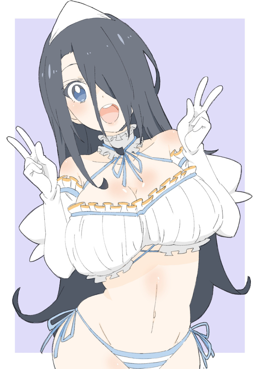 1girl :d absurdres black_hair blue_eyes blue_panties blue_ribbon breasts cleavage donguri_suzume double_w elbow_gloves gloves hair_over_one_eye halterneck hands_up head_tilt highres huge_breasts long_hair looking_at_viewer navel neck_ribbon one_eye_covered open_mouth original panties purple_background ribbon round_teeth simple_background smile solo striped striped_panties teeth triangular_headpiece underwear w white_gloves
