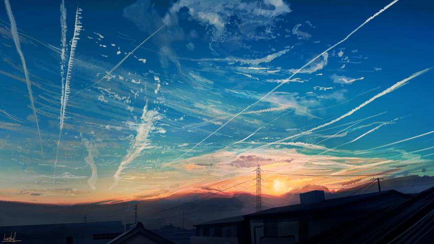 absurdres banishment blue_sky clouds cloudy_sky commentary_request condensation_trail highres house no_humans original outdoors power_lines scenery signature sky summer sunset transmission_tower