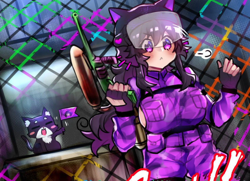 1girl :&lt; :3 :d =_= airsoft black_gloves blush cat chain-link_fence closed_eyes closed_mouth commentary english_commentary fence fingerless_gloves flag gloves gun helmet holding holding_flag holding_gun holding_weapon long_hair nyarla_(osiimi) open_mouth original osiimi overalls paint_gun pouch purple_hair smile standing violet_eyes weapon