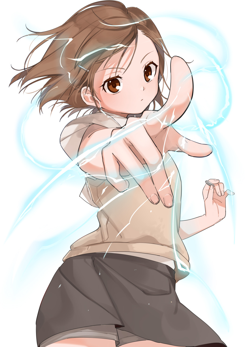 1girl absurdres artist_name black_skirt brown_eyes brown_hair coin commentary_request cowboy_shot dated electricity foreshortening gotoh510 grey_skirt hair_ornament hairclip highres holding holding_coin miniskirt misaka_mikoto pointing pointing_at_viewer shirt short_hair short_sleeves shorts shorts_under_skirt signature simple_background skirt standing sweater_vest to_aru_kagaku_no_railgun to_aru_majutsu_no_index tokiwadai_school_uniform vest white_background white_shirt