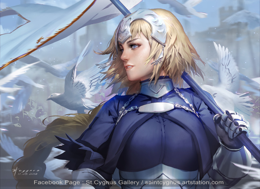1girl 2018 armor artstation_username bird blonde_hair blue_eyes breasts chains dated dove fate/apocrypha fate/grand_order fate_(series) headpiece highres jeanne_d'arc_(fate) jeanne_d'arc_(fate)_(all) large_breasts long_braid long_hair nutthapon_petchthai parted_lips ruler short_hair signature solo standard_bearer teeth