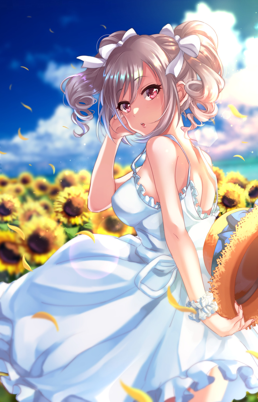 1girl :o back blurry bow breasts clouds depth_of_field dress dress_lift drill_hair field floating_hair flower flower_field frilled_dress frills from_side hair_bow hair_ribbon hat highres holding holding_hat idolmaster idolmaster_cinderella_girls kanzaki_ranko looking_at_viewer looking_back medium_breasts petals red_eyes ribbon scrunchie silver_hair sky solo straw_hat sundress sunflower sunflower_petals tdnd-96 twin_drills twintails white_bow white_dress white_ribbon wind wind_lift wrist_scrunchie