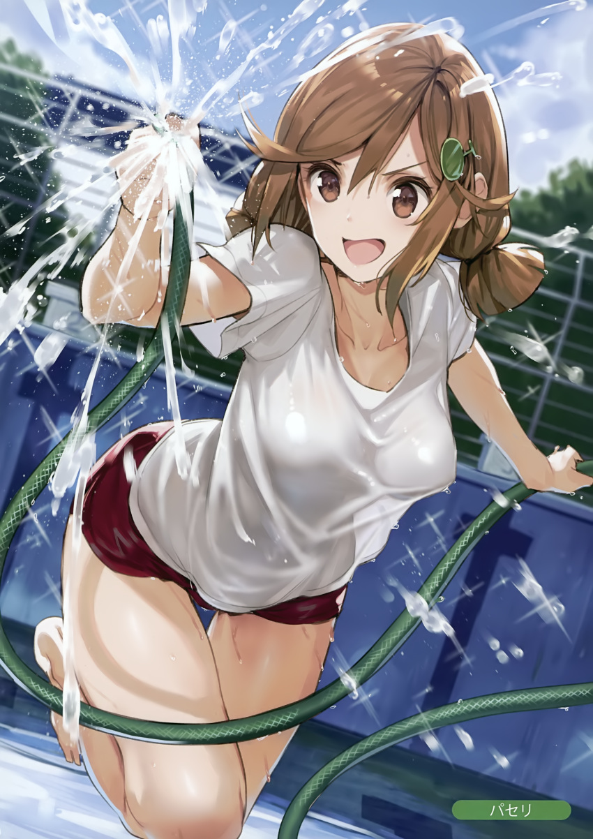 &gt;:d 1girl :d absurdres bare_legs barefoot blurry blurry_background breasts brown_eyes brown_hair collarbone day depth_of_field hair_ornament highres hose looking_at_viewer low_twintails medium_breasts medium_hair melonbooks open_mouth outdoors paseri pool scan see-through_silhouette shirt short_shorts short_twintails shorts sidelocks smile solo standing standing_on_one_leg t-shirt twintails water wet wet_clothes wet_shirt