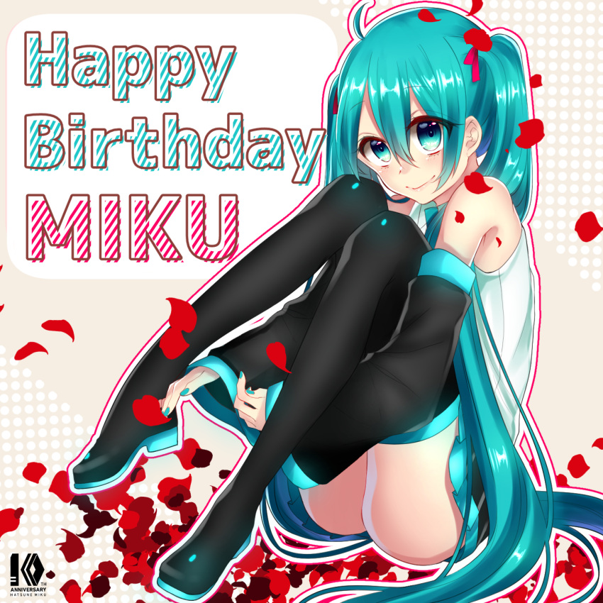 1girl ahoge black_legwear black_skirt blue_eyes blue_hair blue_nails boots character_name detached_sleeves full_body happy_birthday hatsune_miku headset highres kihen_asuka long_hair looking_at_viewer nail_polish necktie petals skirt sleeveless smile solo thigh-highs thigh_boots twintails very_long_hair vocaloid