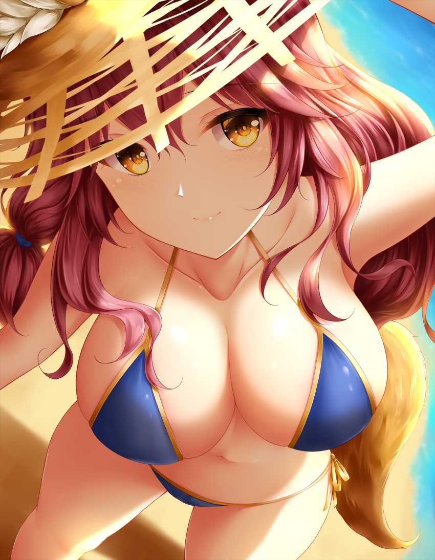 1girl animal_ears bikini blue_bikini breasts cleavage close-up collarbone ears_through_headwear fang fate/grand_order fate_(series) fox_ears groin hat highres large_breasts looking_at_viewer looking_down navel ocean open_mouth pink_hair side-tie_bikini solo straw_hat sun_hat swimsuit tamamo_(fate)_(all) tamamo_no_mae_(fate) tamamo_no_mae_(swimsuit_lancer)_(fate) umbrella wsman yellow_eyes