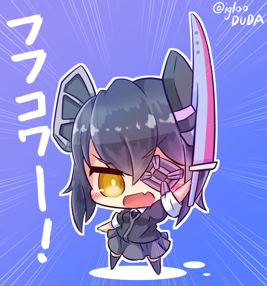 1girl :d asimo953 bangs black_cardigan black_neckwear black_skirt blue_background blush breasts chibi collared_shirt commentary_request dress_shirt emphasis_lines eyebrows_visible_through_hair eyepatch fang full_body headgear highres holding holding_sword holding_weapon kantai_collection legs_apart looking_at_viewer medium_breasts miniskirt necktie open_mouth parted_bangs pleated_skirt purple_hair school_uniform shirt short_hair short_sleeves simple_background skirt smile solo standing sword tenryuu_(kantai_collection) thigh-highs translated twitter_username v-shaped_eyebrows weapon white_shirt wing_collar yellow_eyes