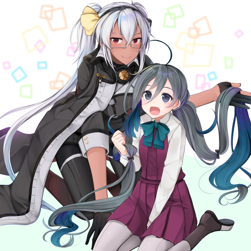 2girls absurdres ahoge black_gloves blue_hair boots bow bowtie commentary_request dark_skin glasses gloves grey_eyes grey_hair grey_legwear hair_between_eyes halterneck headgear highres holding holding_hair kantai_collection kiyoshimo_(kantai_collection) long_hair looking_at_viewer low_twintails multicolored_hair multiple_girls musashi_(kantai_collection) open_mouth pantyhose partly_fingerless_gloves red_eyes remodel_(kantai_collection) school_uniform semi-rimless_eyewear shirt sitting smile twintails two_side_up very_long_hair wariza white_background white_shirt yunamaro