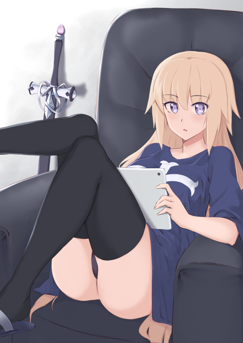 1girl armchair ass bangs black_legwear black_panties blonde_hair blue_footwear blue_shirt blush breasts chair commentary_request eyebrows_visible_through_hair fate/apocrypha fate/grand_order fate_(series) hair_between_eyes highres holding jeanne_d'arc_(fate) jeanne_d'arc_(fate)_(all) jilu long_hair looking_at_viewer medium_breasts panties parted_lips print_shirt shirt short_sleeves slippers solo sword tablet tablet_pc thigh-highs underwear very_long_hair violet_eyes weapon