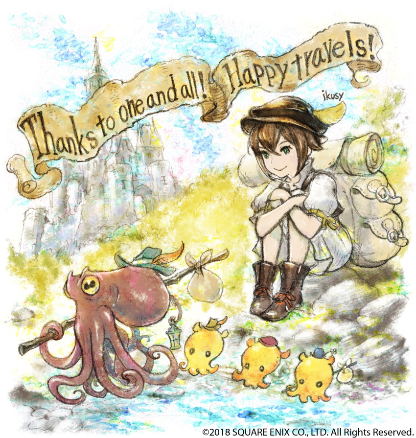 1girl animal bag brown_hair field gold green_eyes hat highres jewelry octopath_traveler octopus official_art short_hair simple_background smile solo tressa_(octopath_traveler) yoshida_akihiko