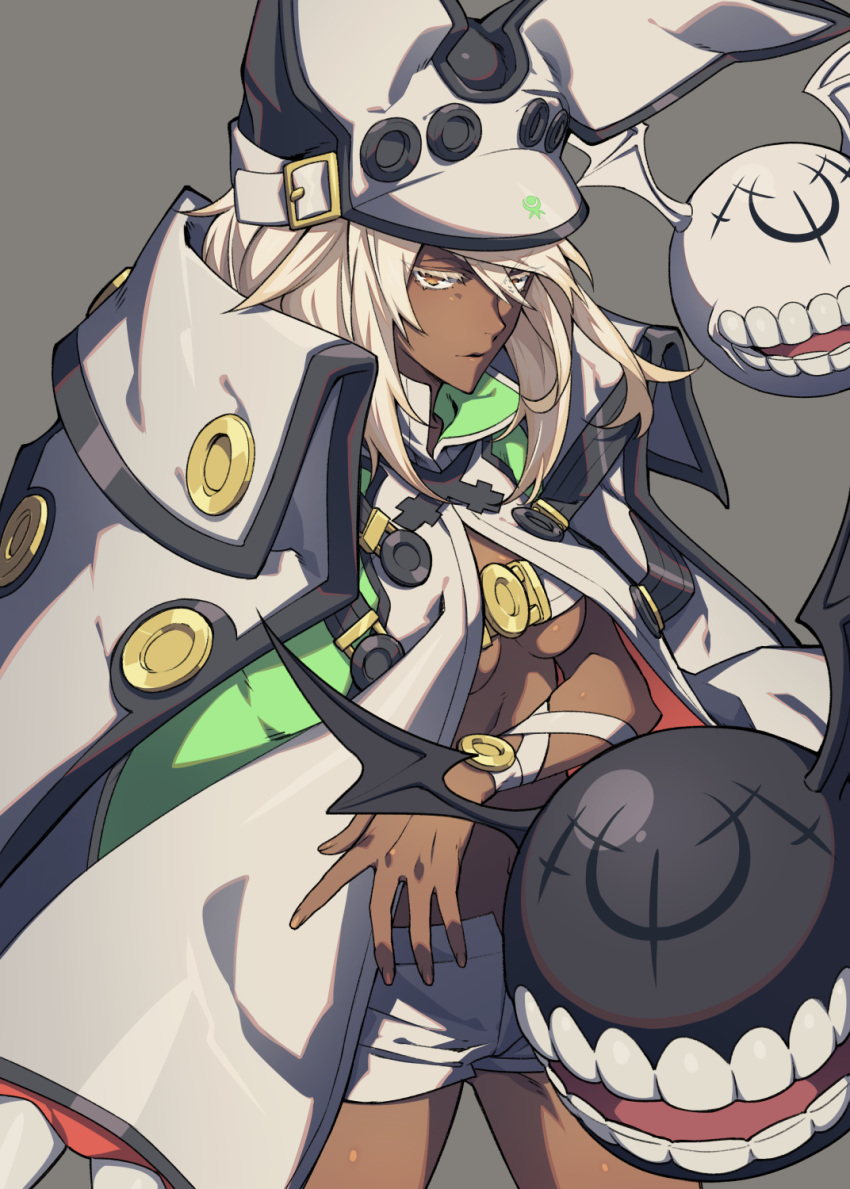 1girl belt blonde_hair breasts cloak commentary cowboy_shot dark_skin grey_background guilty_gear guilty_gear_xrd hat highres legs_apart long_hair looking_at_viewer medium_breasts orange_eyes ramlethal_valentine short_shorts shorts simple_background solo standing under_boob westxost_(68monkey) white_hat white_shorts