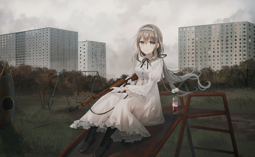 1girl blonde_hair bottle check_commentary chihuri clouds cloudy_sky commentary commentary_request dress flower gloves grass gun hairband highres holding holding_gun holding_weapon long_hair looking_at_viewer original outdoors playground rifle sitting sky slide solo swing_set tree trigger_discipline weapon