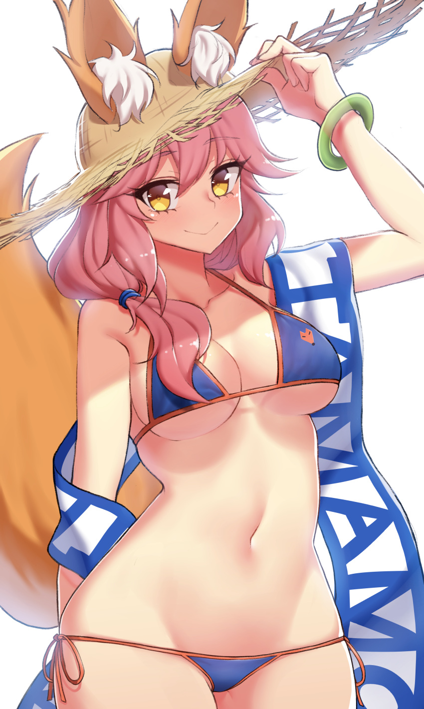 1girl absurdres animal_ears bikini blue_bikini bracelet breasts cleavage collarbone ears_through_headwear eyebrows_visible_through_hair fate/extella fate/extra fate/grand_order fate_(series) fox_ears fox_tail groin hat highres jewelry large_breasts looking_at_viewer narynn navel pink_hair side-tie_bikini simple_background solo straw_hat swimsuit tail tamamo_(fate)_(all) tamamo_no_mae_(swimsuit_lancer)_(fate) white_background yellow_eyes