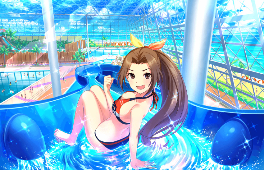 1girl aino_nagisa artist_request bikini blue_bikini_bottom bow breasts brown_eyes brown_hair cleavage collarbone hair_bow idolmaster idolmaster_cinderella_girls idolmaster_cinderella_girls_starlight_stage long_hair long_ponytail looking_at_viewer medium_breasts mismatched_bikini multicolored multicolored_bikini_top multicolored_clothes official_art open_mouth palm_tree partially_submerged ponytail pool smile solo sweatdrop swimsuit tree water_slide