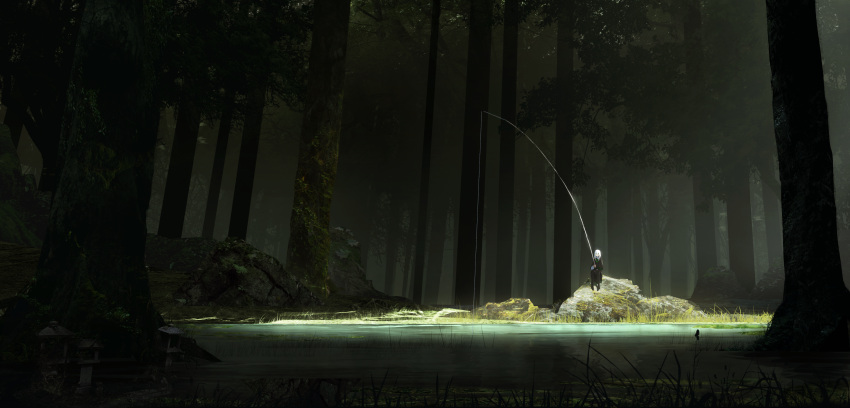 1girl absurdres asuteroid commentary_request dark fishing fishing_rod forest grass highres holding lake long_hair nature original outdoors robe scenery sitting solo tree white_hair
