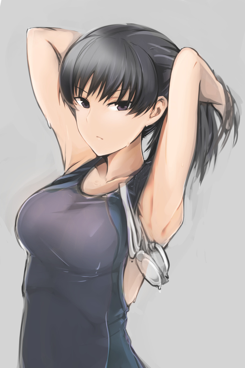 1girl absurdres amagami armpits arms_behind_head bangs breasts closed_mouth commentary_request goggles grey_background grey_eyes grey_hair hands_up highres ku-ba large_breasts long_hair looking_at_viewer one-piece_swimsuit simple_background solo swimsuit tsukahara_hibiki tying_hair upper_body wet