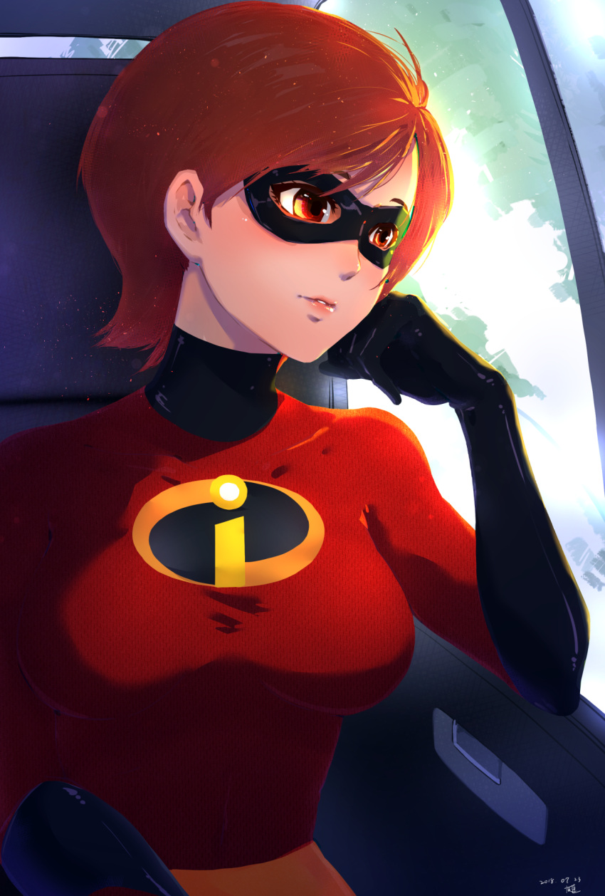 1girl bangs black_gloves blush bodysuit breasts brown_eyes brown_hair chin_rest commentary dated domino_mask elastigirl elbow_gloves gloves highres large_breasts light_smile lips looking_away mask parted_lips short_hair signature sitting solo superhero the_incredibles vehicle_interior yoruhasu_gekkei