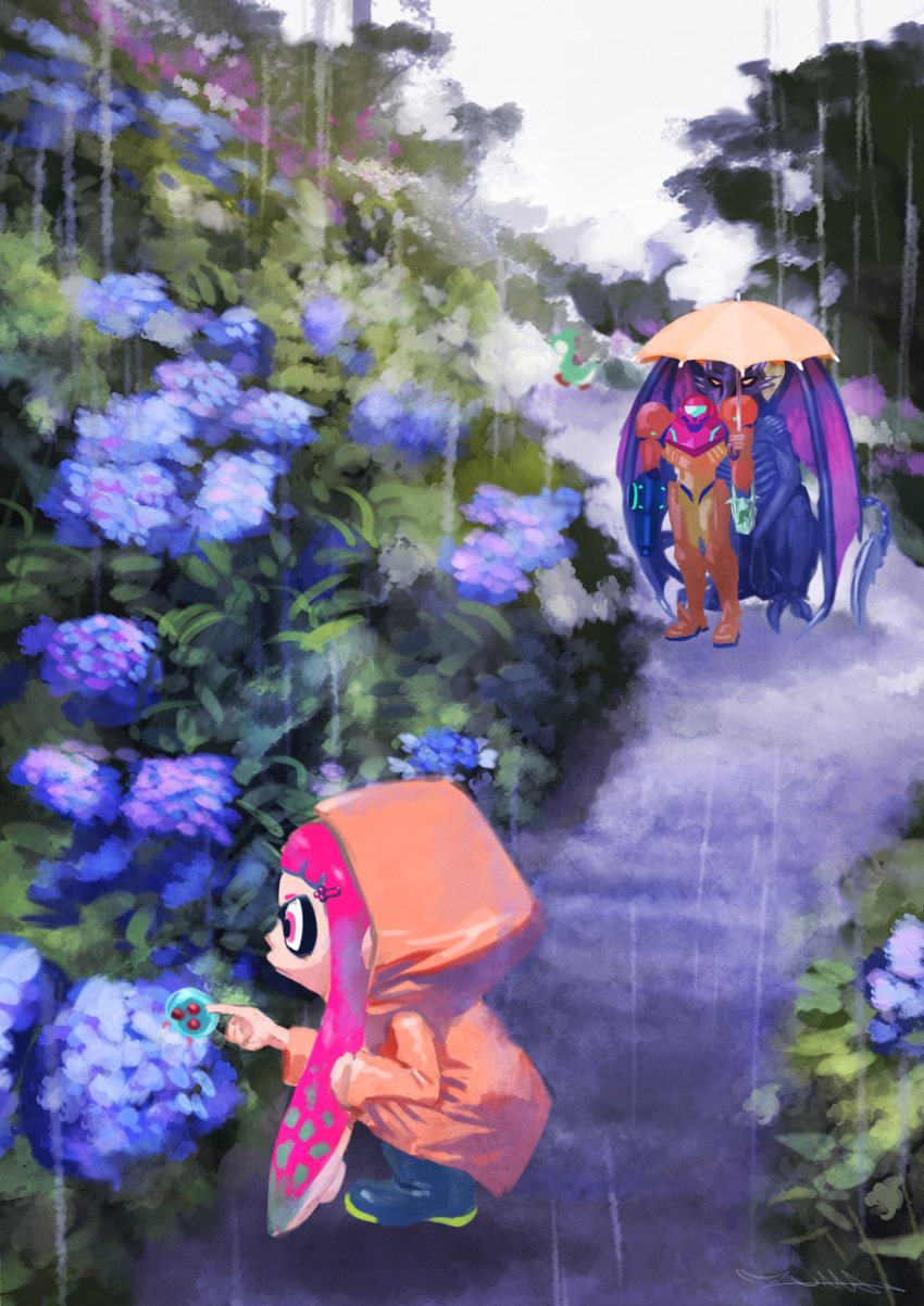 2girls absurdres alien arm_cannon bag boots claws dinosaur dragon flower hair_ornament hairpin handbag highres inkling super_mario_bros. mask metroid metroid_(creature) monster multiple_girls power_suit rain raincoat ridley samus_aran splatoon super_mario_bros. super_smash_bros. tail tentacle_hair umbrella varia_suit weapon wings yellow_eyes yoshi