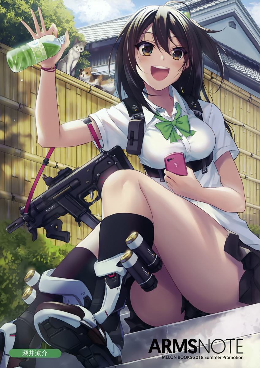 1girl absurdres animal artist_name bangs black_legwear blush bottle bow bowtie buttons cat cellphone clouds day ears_visible_through_hair explosive fukai_ryousuke grenade gun hair_between_eyes hair_bobbles hair_ornament highres holding holding_bottle melonbooks open_mouth outdoors phone pleated_skirt scan shirt short_sleeves sitting skirt sky smile solo submachine_gun weapon white_shirt