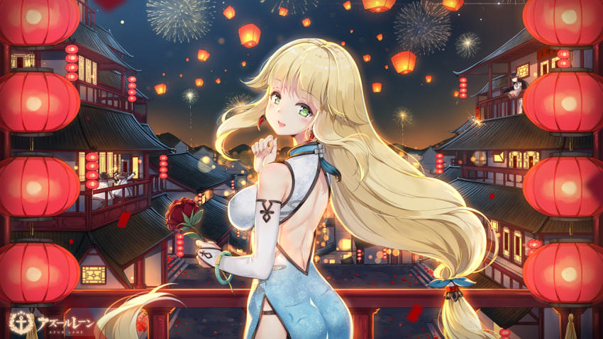 4girls :d absurdly_long_hair aerial_fireworks anchor_symbol architecture aurora_(f10)_(azur_lane) azur_lane backless_dress backless_outfit bangs black_hair blonde_hair blue_dress blush bridal_gauntlets character_request china_dress chinese_clothes commentary_request copyright_name dress earrings east_asian_architecture eyebrows_visible_through_hair fireworks flower gradient gradient_clothes gradient_dress green_eyes holding holding_flower jacket jewelry lantern long_hair long_sleeves looking_at_viewer looking_back low-tied_long_hair maya_g multiple_girls night night_sky ning_hai_(azur_lane) open_mouth paper_lantern ping_hai_(azur_lane) red_flower red_rose rose sky sleeveless sleeveless_dress smile solo_focus very_long_hair white_dress white_jacket window