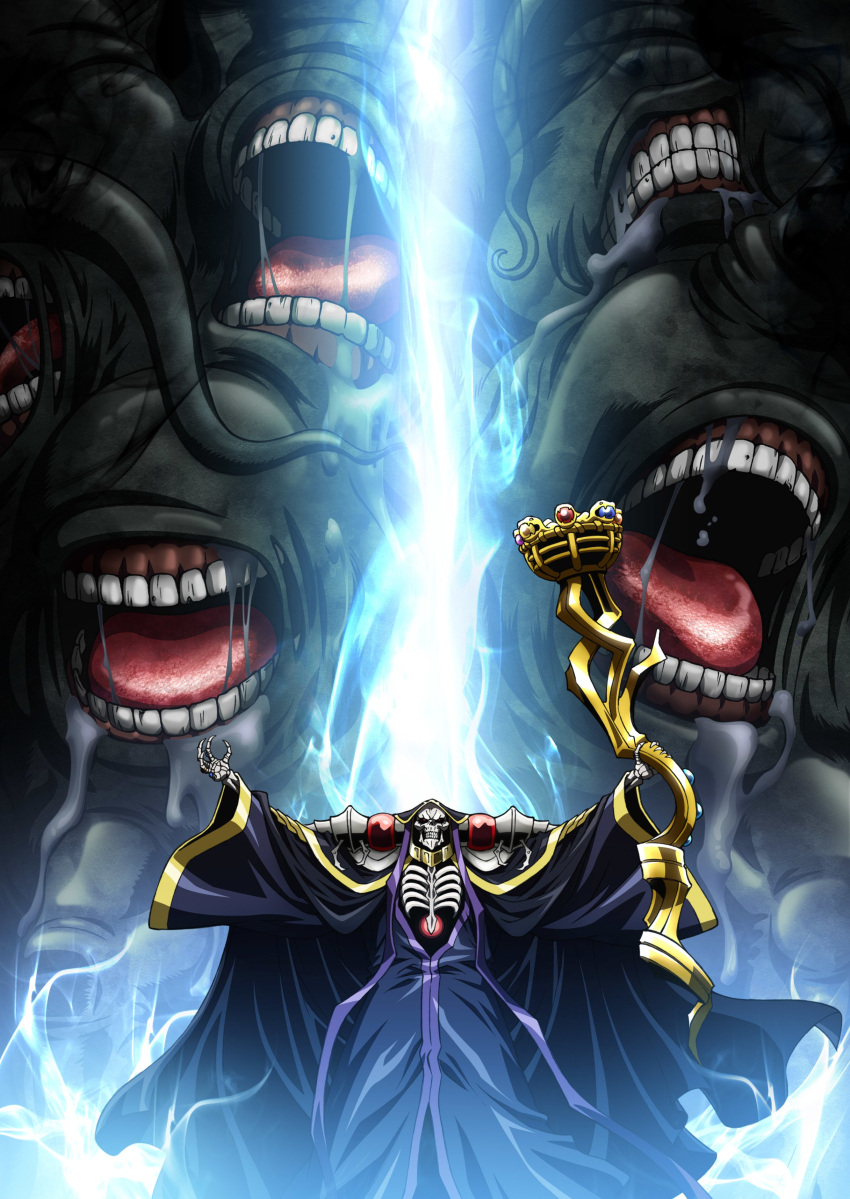 1boy absurdres ainz_ooal_gown black_dress dress highres holding hooded key_visual long_dress monster official_art outstretched_arms overlord_(maruyama) skull solo standing