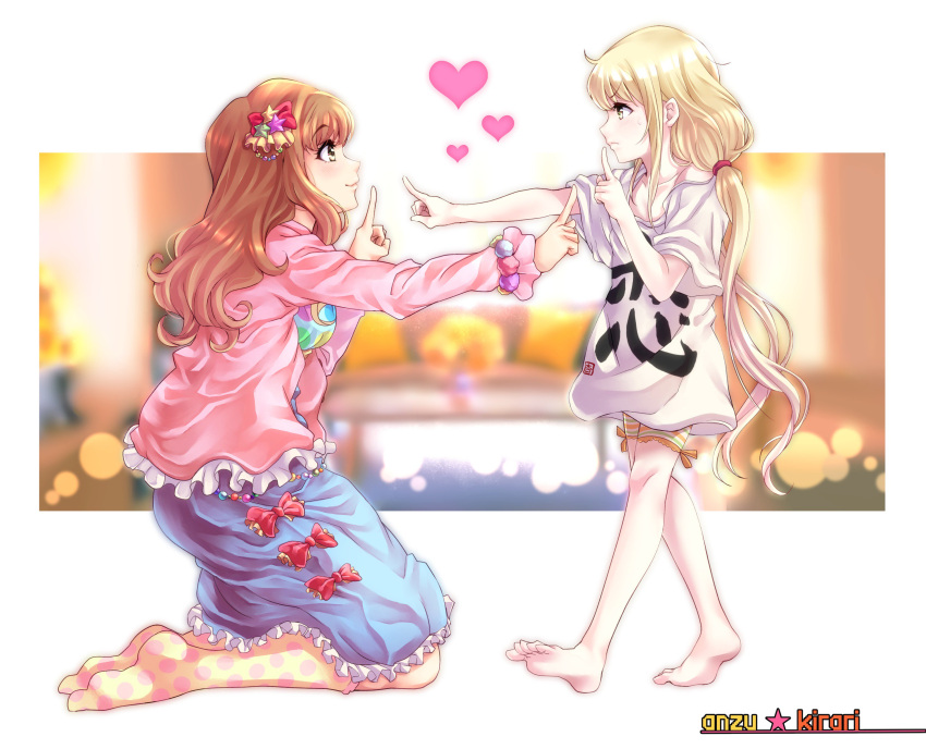 2girls :3 absurdres barefoot beads blonde_hair blouse bow character_name clothes_writing commentary_request from_side futaba_anzu hair_ornament hair_tie highres idolmaster idolmaster_cinderella_girls kneehighs koi_dance long_hair low_twintails moroboshi_kirari multicolored multicolored_polka_dots multiple_girls no_shoes pink_blouse polka_dot polka_dot_legwear profile red_bow shirt standing star star_hair_ornament sweatdrop t-shirt tdnd-96 twintails very_long_hair white_shirt yellow_eyes