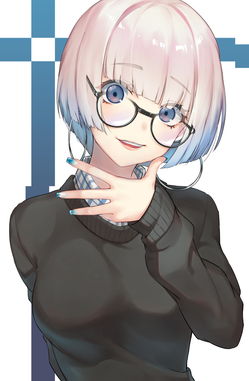1girl :d absurdres bangs black-framed_eyewear blue_nails blunt_bangs bob_cut brown_sweater commentary_request eyebrows_visible_through_hair fingernails glasses hand_up highres kotoribako long_sleeves looking_at_viewer nail_polish open_mouth original pink_hair short_hair smile solo sweater upper_body