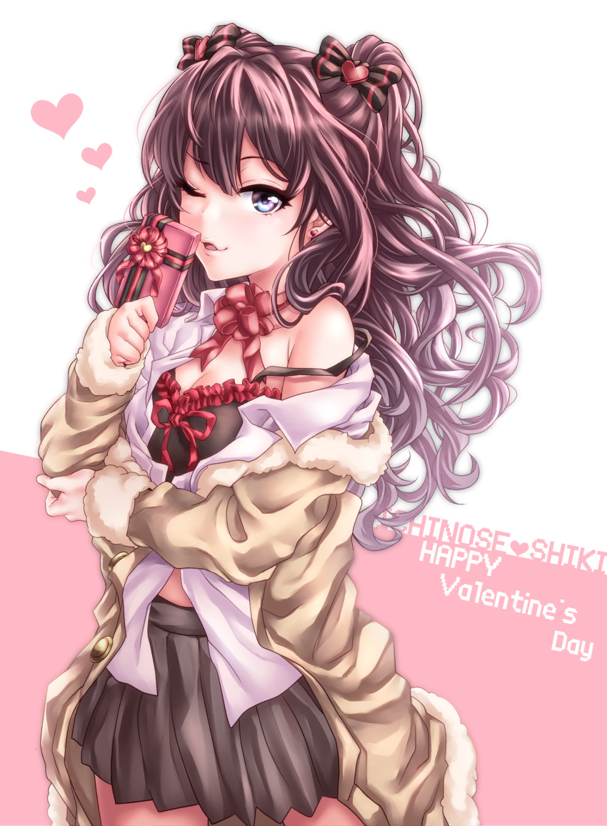 1girl black_bra bow box bra breasts character_name cleavage collared_shirt commentary_request dress_shirt frilled_bra frills fur-trimmed_jacket fur_trim gift gift_box hair_bow hair_ornament happy_valentine heart heart_hair_ornament highres holding holding_gift ichinose_shiki idolmaster idolmaster_cinderella_girls jacket long_hair off_shoulder one_eye_closed open_clothes open_jacket open_mouth open_shirt pleated_skirt red_frills shirt single_bare_shoulder skirt solo strap_slip tdnd-96 two_side_up underwear untucked_shirt valentine white_shirt