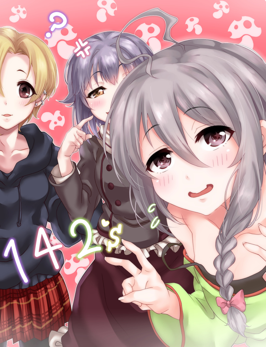 3girls ? ahoge anger_vein black_camisole black_hoodie blonde_hair blush braid brown_eyes camisole collarbone commentary_request double_v ear_piercing flying_sweatdrops green_shirt group_name hair_between_eyes hidden_face highres hood hoodie hoshi_shouko idolmaster idolmaster_cinderella_girls idolmaster_cinderella_girls_starlight_stage kawaii_boku_to_142's koshimizu_sachiko multicolored multicolored_text multiple_girls mushroom nervous_smile open_mouth out_of_frame patterned_background piercing plaid plaid_skirt pleated_skirt pointing pointing_at_self purikura red_background shirasaka_koume shirt silver_hair skirt smile star star-shaped_pupils strap_slip symbol-shaped_pupils tdnd-96 v