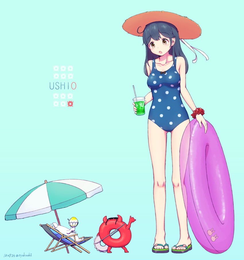 1girl ahoge beach_umbrella black_hair blue_background blue_swimsuit brown_eyes chair character_name commentary_request drink enemy_lifebuoy_(kantai_collection) full_body hat highres innertube kantai_collection long_hair lounge_chair nakaaki_masashi one-piece_swimsuit polka_dot polka_dot_swimsuit sandals scrunchie simple_background solo straw_hat sun_hat swimsuit umbrella ushio_(kantai_collection) wrist_scrunchie