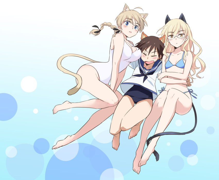 3girls :d :o agahari animal_ears barefoot bikini black_neckwear blonde_hair blue_bikini blue_eyes blue_sailor_collar blue_swimsuit blush braid breasts brown_hair cat_ears cat_tail closed_eyes closed_mouth floating_hair glasses highres hug large_breasts looking_at_viewer lynette_bishop miyafuji_yoshika multiple_girls neckerchief one-piece_swimsuit open_mouth parted_lips perrine_h_clostermann sailor_collar school_swimsuit school_uniform serafuku shirt short_hair side-tie_bikini small_breasts smile strike_witches swimsuit tail thigh_gap white_shirt white_swimsuit world_witches_series yellow_eyes