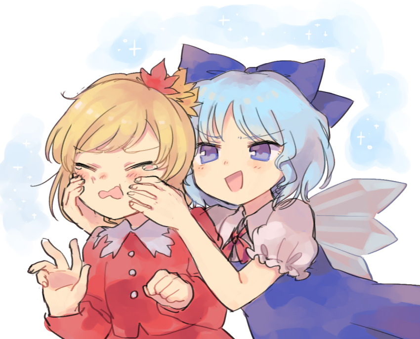 2girls aki_shizuha blonde_hair blue_bow blue_dress blue_eyes blue_hair bow cheek_press cirno closed_eyes dress hair_bow ice ice_wings long_hair multiple_girls puffy_short_sleeves puffy_sleeves sasa_kichi short_sleeves smile tears touhou upper_body wings