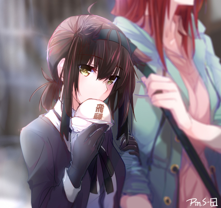 2girls arm_grab baozi brown_hair casual eating female_admiral_(kantai_collection) food gloves hair_flaps hatsuzuki_(kantai_collection) headband highres jacket kantai_collection multiple_girls pin.s redhead school_uniform shirt yellow_eyes