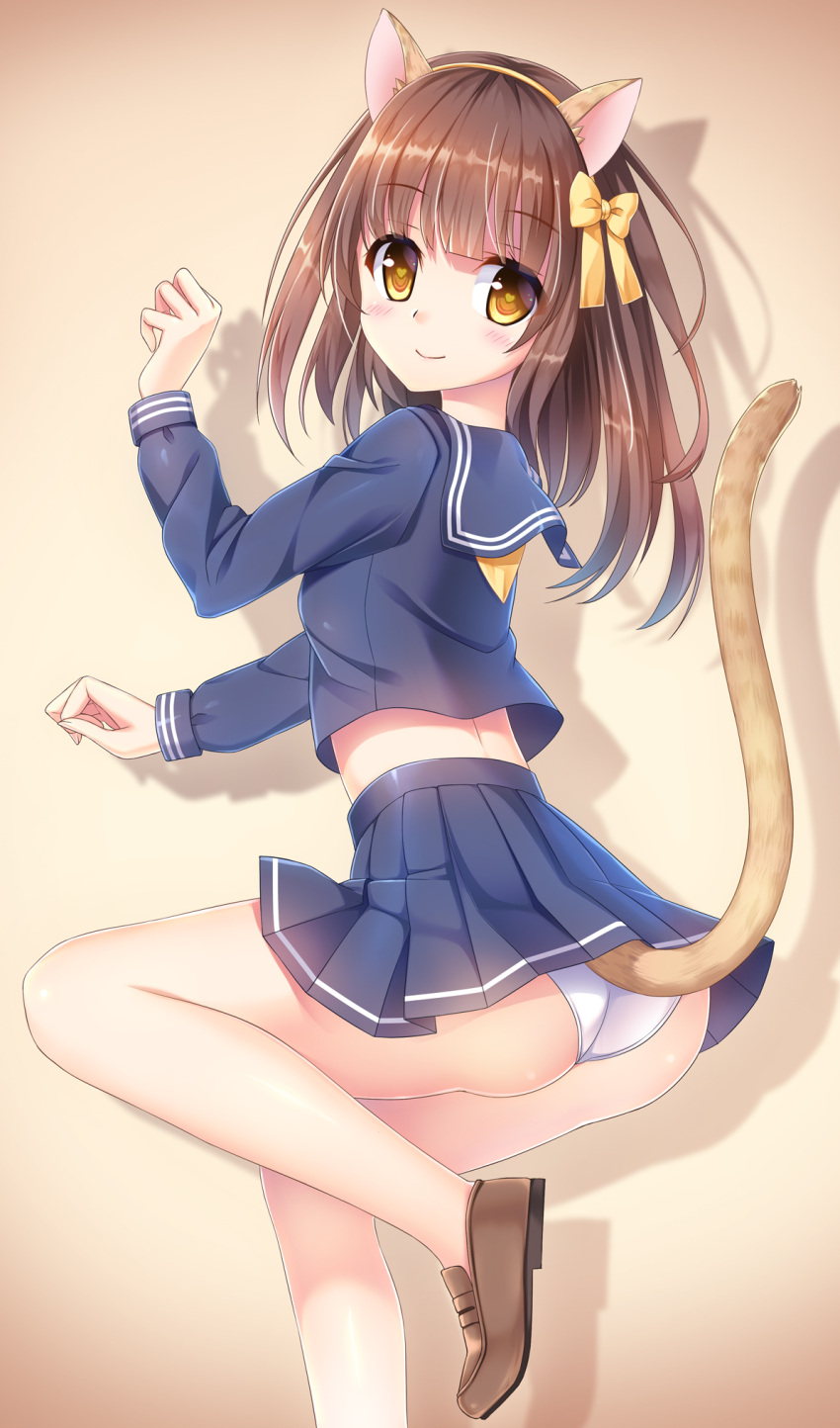 1girl animal_ears arm_up bangs beige_background blue_sailor_collar blue_serafuku blue_shirt blue_skirt blunt_bangs blush bow brown_background brown_eyes brown_footwear brown_hair cat_ears cat_girl cat_tail closed_mouth commentary_request eyebrows_visible_through_hair fake_animal_ears gradient gradient_background hair_bow head_tilt heart heart-shaped_pupils highres loafers long_hair long_sleeves looking_at_viewer looking_to_the_side no_socks original panties pleated_skirt sailor_collar shirt shoes skirt smile solo standing standing_on_one_leg symbol-shaped_pupils tail tail_raised umitonakai underwear white_panties yellow_bow