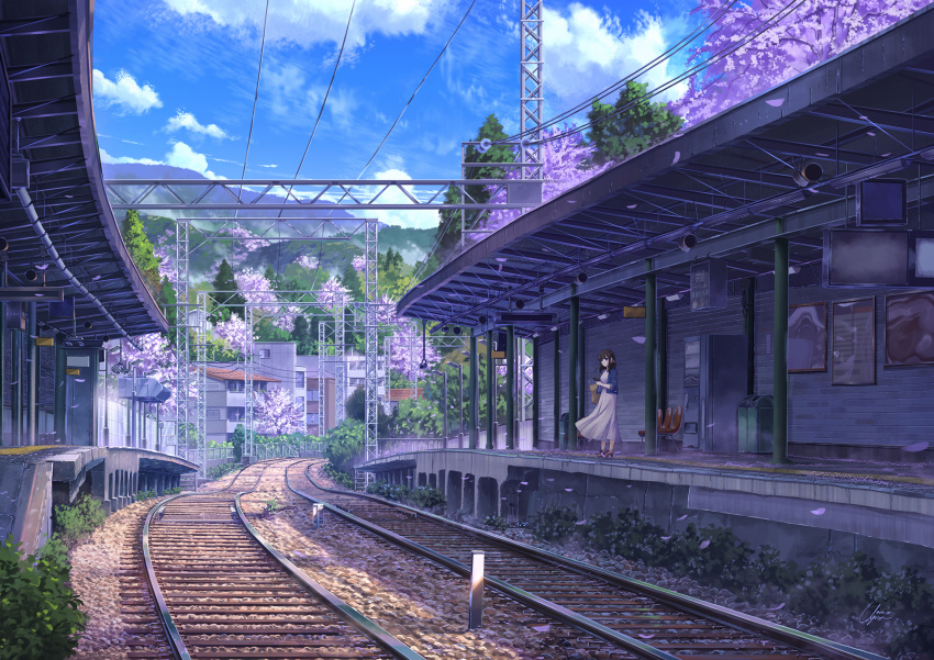 1girl background blue_jacket blue_sky brown_hair chair cherry_blossoms clouds cloudy_sky commentary_request flower grass highres jacket mountain niko_p open_clothes open_jacket original pink_footwear power_lines railroad_tracks scenery skirt sky solo standing train_station tree vending_machine white_skirt