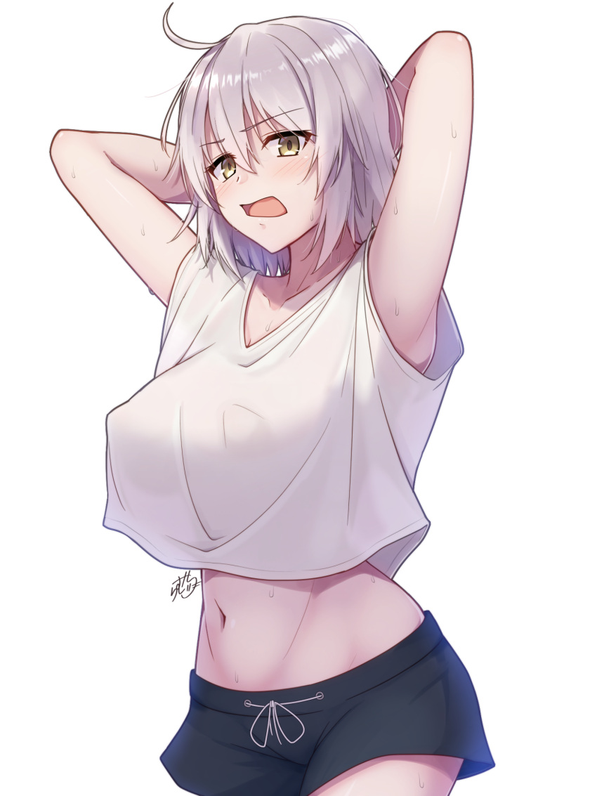 1girl ahoge alternate_costume armpits arms_behind_head blush breasts casual collarbone commentary_request contemporary cowboy_shot crop_top erect_nipples eyebrows_visible_through_hair fate/grand_order fate_(series) hair_between_eyes highres jeanne_d'arc_(alter)_(fate) jeanne_d'arc_(fate)_(all) large_breasts looking_at_viewer midriff navel open_mouth ramchi see-through shirt short_hair shorts signature silver_hair simple_background white_background white_shirt yellow_eyes