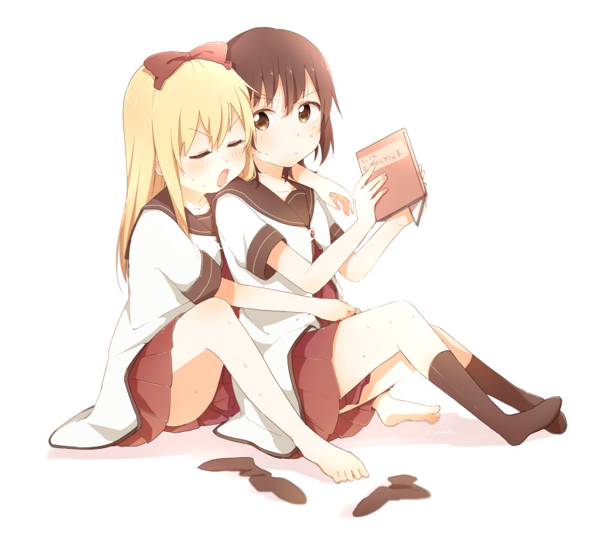 2girls :/ absurdres arm_across_waist arm_on_shoulder bafarin bangs barefoot behind_another between_legs black_legwear blonde_hair blush book bow brown_eyes brown_hair brown_sailor_collar closed_eyes commentary_request expressionless eyebrows_visible_through_hair funami_yui furrowed_eyebrows hair_bow highres kneehighs_removed knees_up long_hair looking_at_viewer multiple_girls nanamori_school_uniform no_shoes open_book open_mouth pleated_skirt red_skirt sailor_collar school_uniform shirt short_hair short_sleeves simple_background sitting skirt sweat toshinou_kyouko white_background white_shirt yuru_yuri