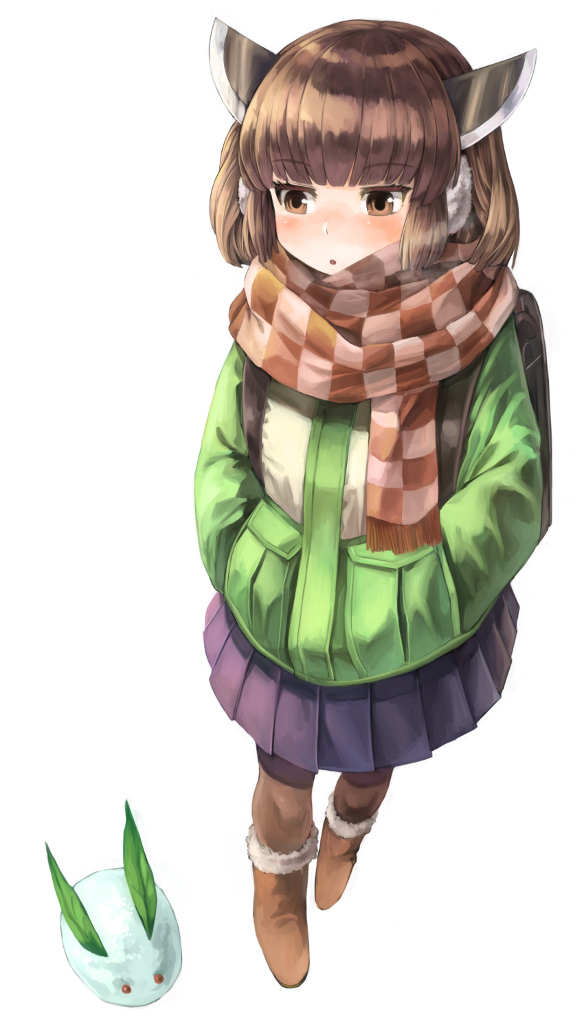1girl :o absurdres backpack bag bangs blush boots brown_eyes brown_footwear brown_hair brown_legwear checkered checkered_scarf coat earmuffs eyebrows_visible_through_hair full_body fur-trimmed_boots fur_trim green_coat hands_in_pockets highres long_sleeves netamaru open_mouth pantyhose pleated_skirt pocket purple_skirt scarf short_hair simple_background skirt snow_bunny solo touhoku_kiritan voiceroid white_background