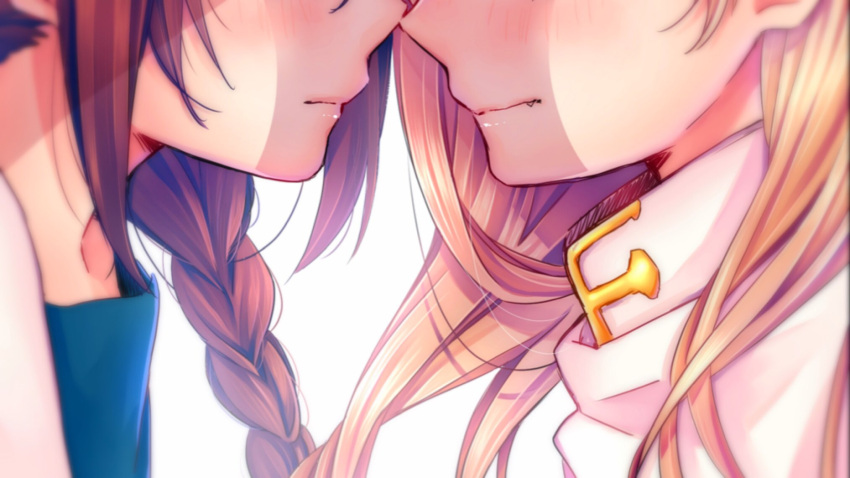 2girls ahoge black_serafuku blonde_hair blush braid brown_hair closed_mouth fang hair_over_shoulder highres irokiiro kantai_collection long_hair messy_hair multiple_girls remodel_(kantai_collection) scarf school_uniform serafuku shigure_(kantai_collection) simple_background single_braid smile white_background white_scarf yuri yuudachi_(kantai_collection)