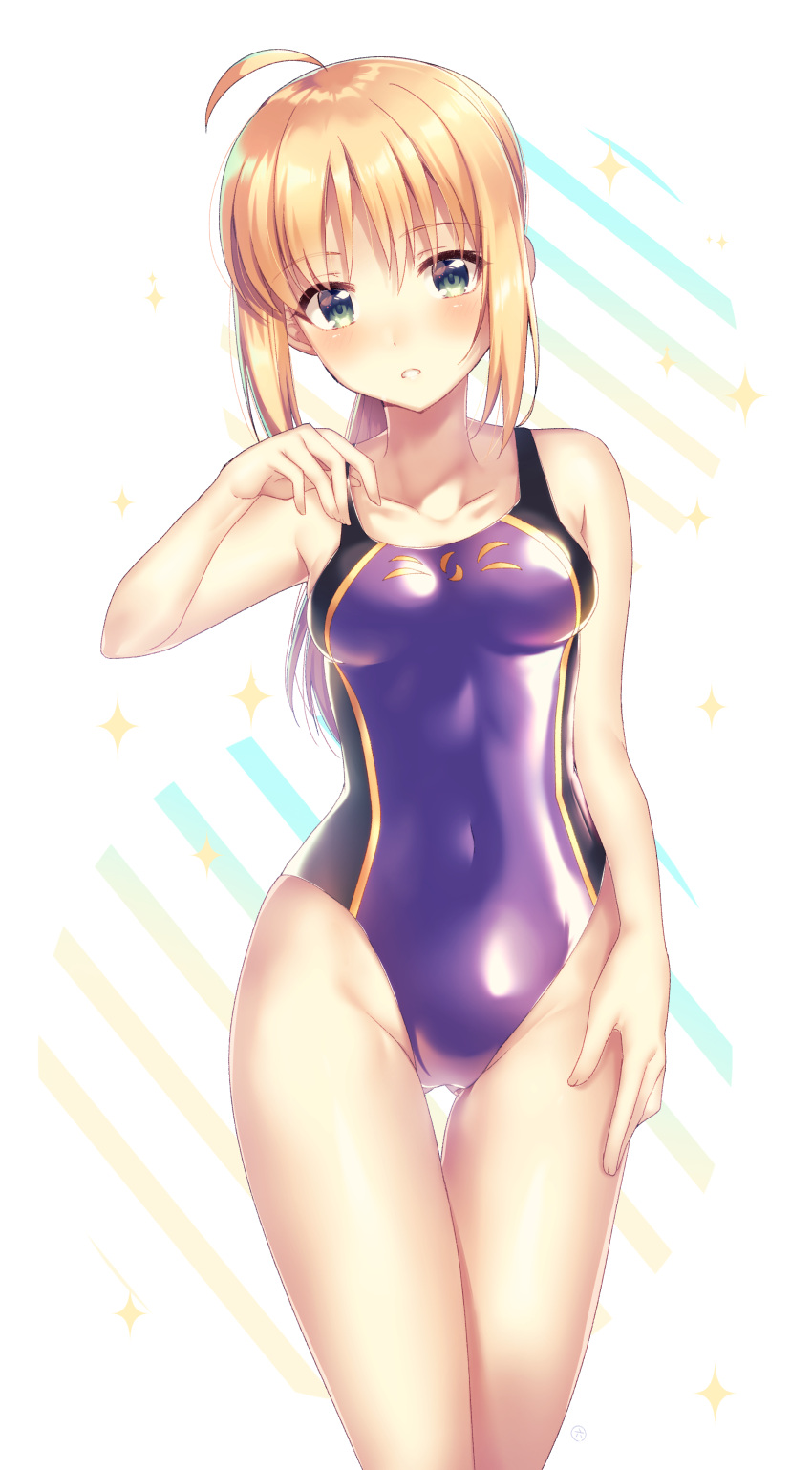 1girl absurdres ahoge alternate_costume artoria_pendragon_(all) bangs bare_arms bare_shoulders blonde_hair blush breasts cleavage collarbone competition_swimsuit contemporary covered_navel cowboy_shot eyebrows_visible_through_hair fate_(series) gluteal_fold green_eyes hair_bun hand_on_hip head_tilt highleg highleg_swimsuit highres ichiren_namiro looking_at_viewer one-piece_swimsuit parted_lips purple_swimsuit saber sidelocks swimsuit thighs